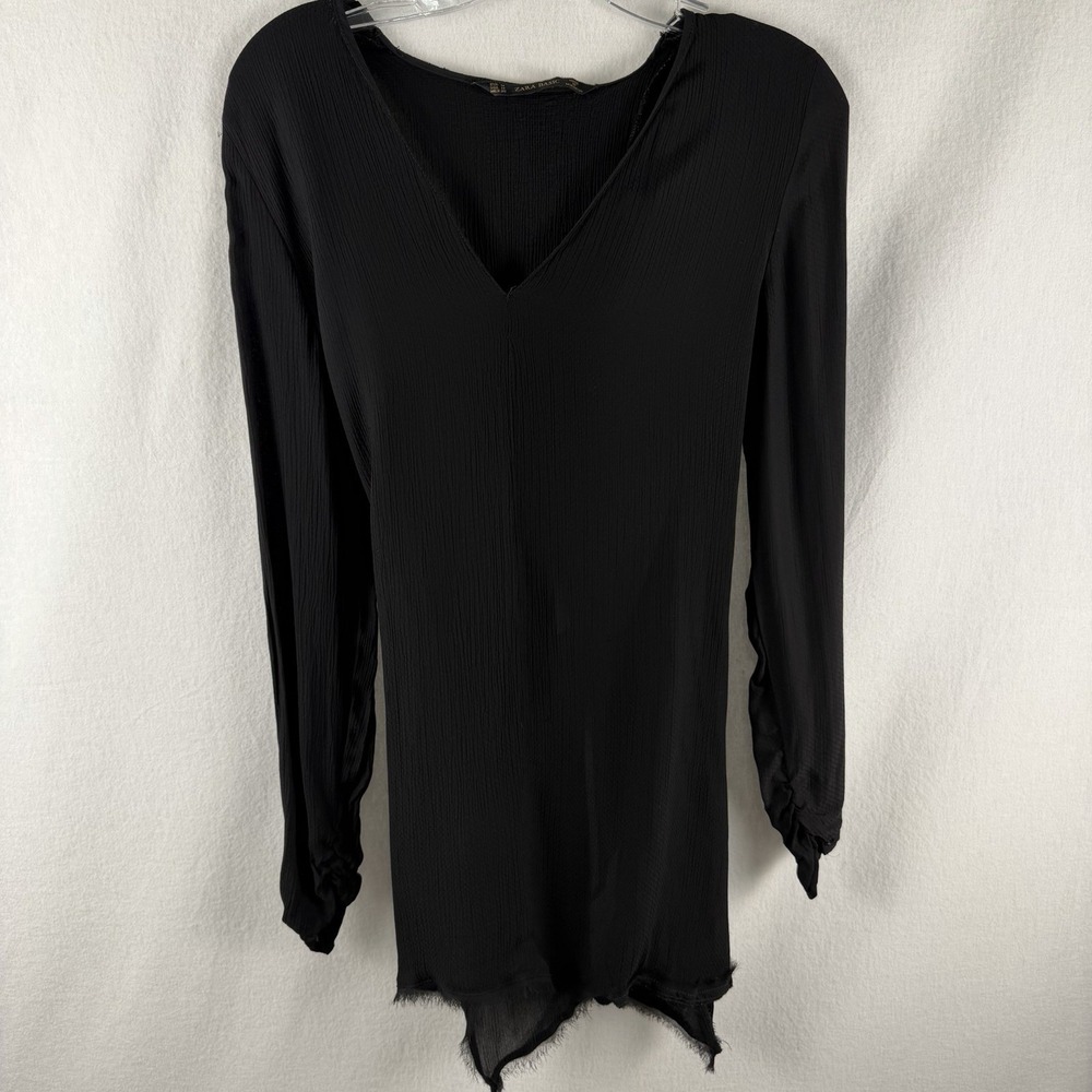 Zara Basics Black Long Sleeve Blouse Sz M Frayed Hem Criss Cross Back Tie Witchy